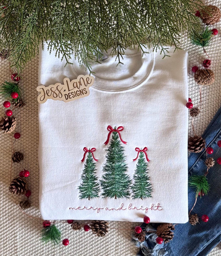 embroidered Christmas trees shirt. merry and bright shirt.