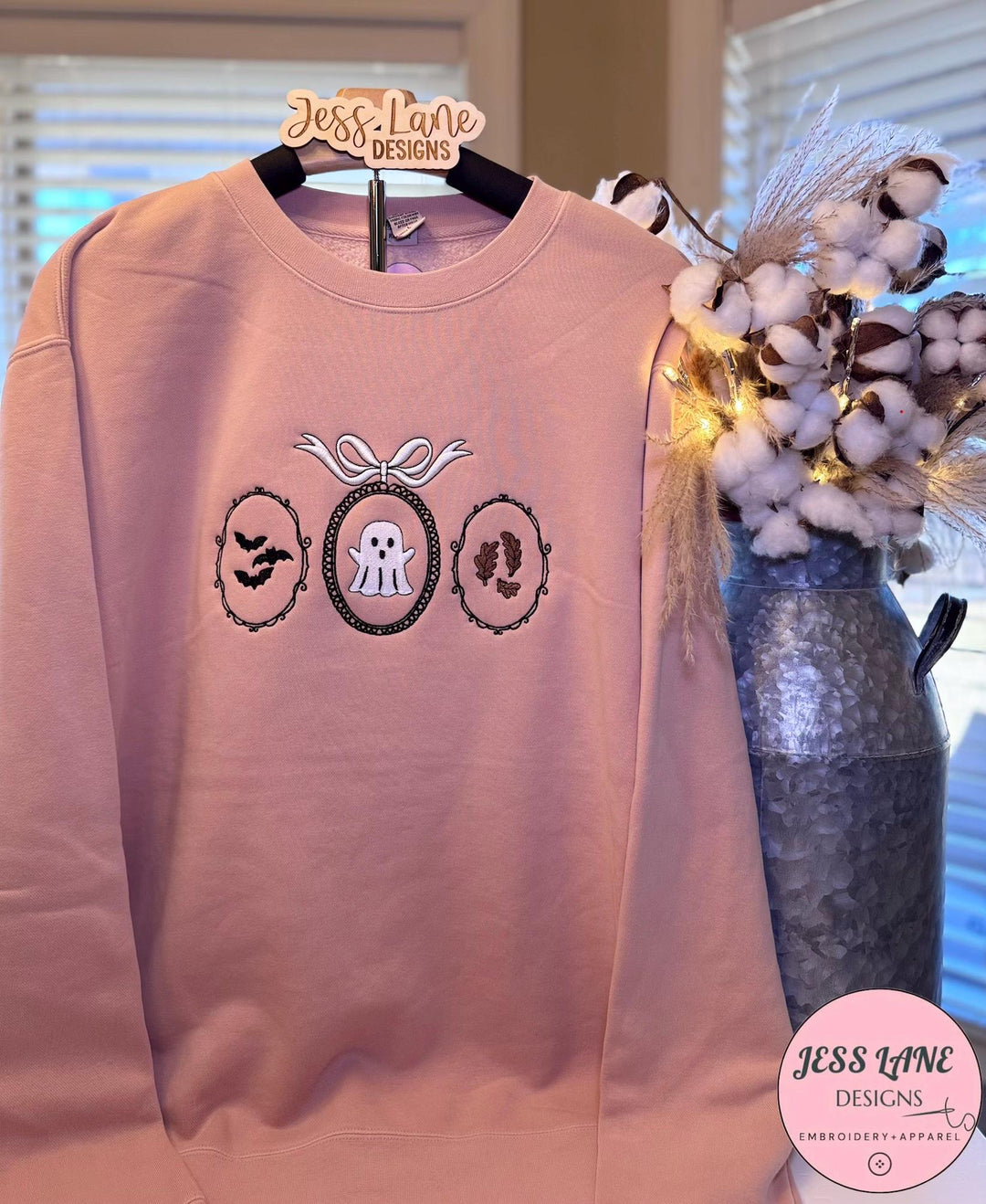 Spooky Season Halloween Sweatshirt | Haunted Frames Embroidery with Ghost, Bats and Leaves | Cozy Autumn Crewneck Pullover Gift