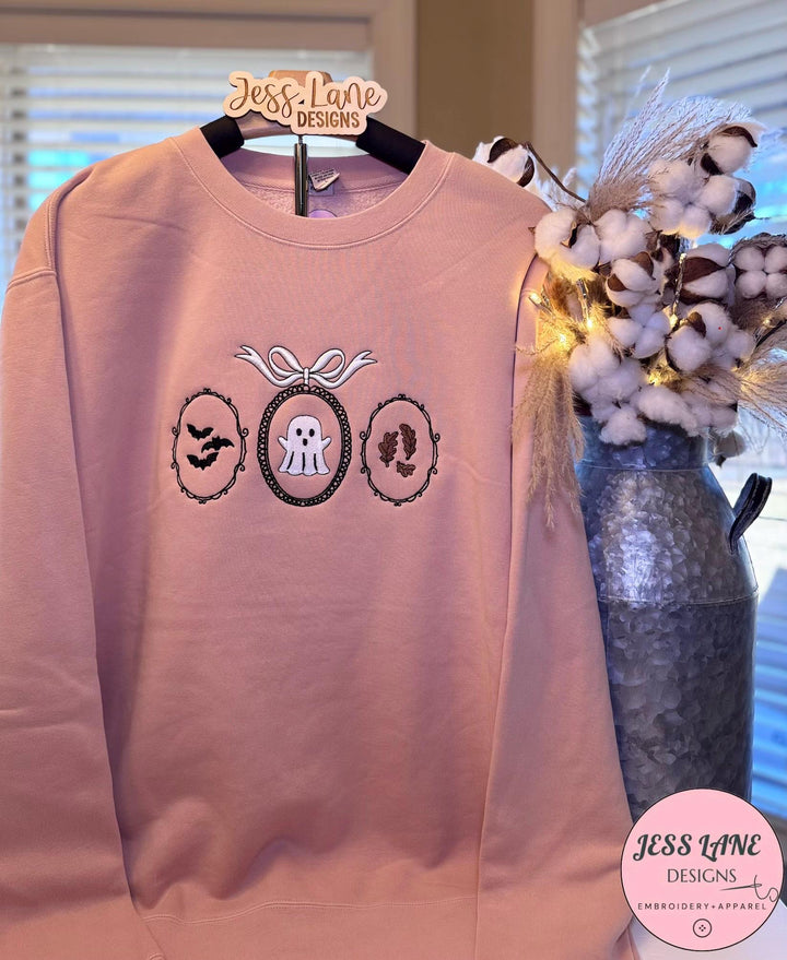 Spooky Season Halloween Sweatshirt | Haunted Frames Embroidery with Ghost, Bats and Leaves | Cozy Autumn Crewneck Pullover Gift