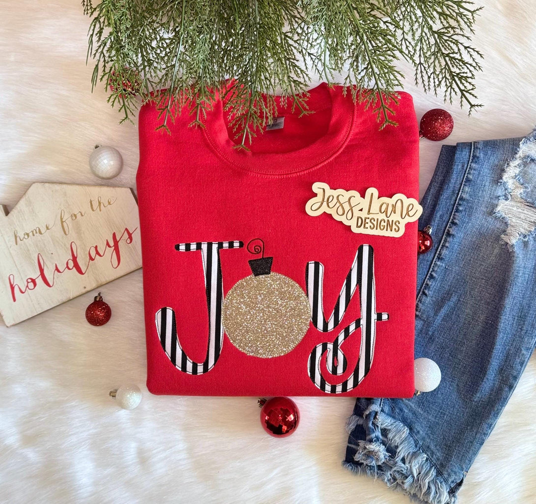 JOY Christmas Embroidered Sweatshirt | Red Holiday Crewneck | Striped Ornament Embroidery | Festive Cozy Christmas Outfit for Moms