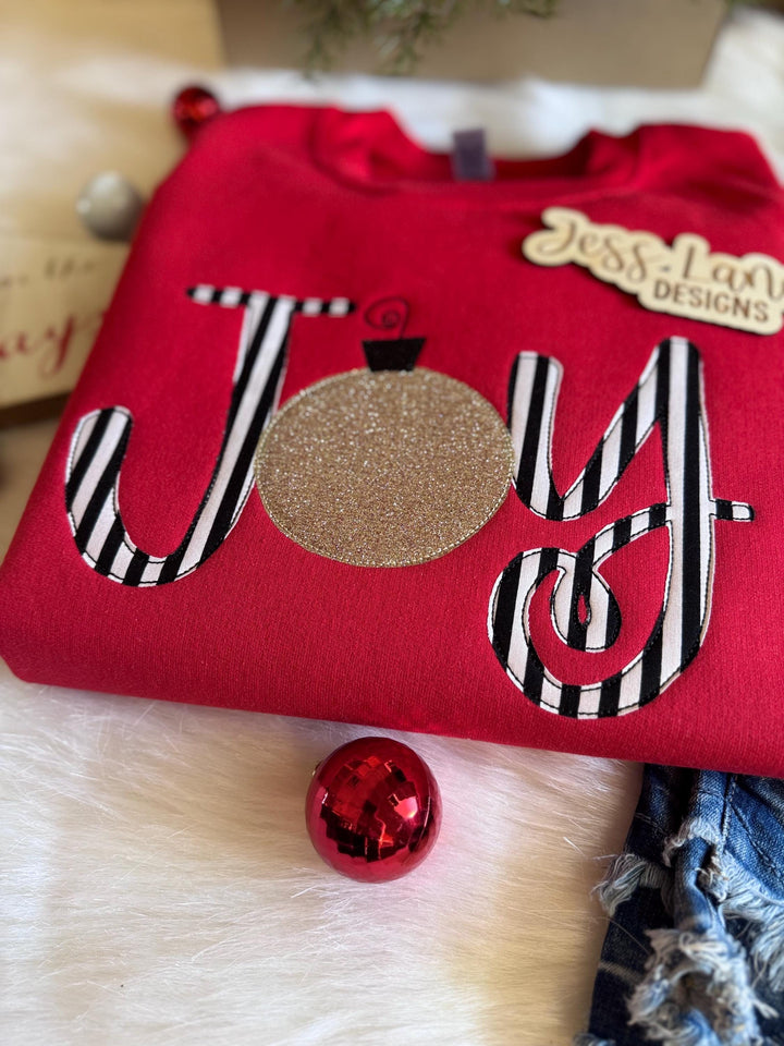 JOY Christmas Embroidered Sweatshirt | Red Holiday Crewneck | Striped Ornament Embroidery | Festive Cozy Christmas Outfit for Moms