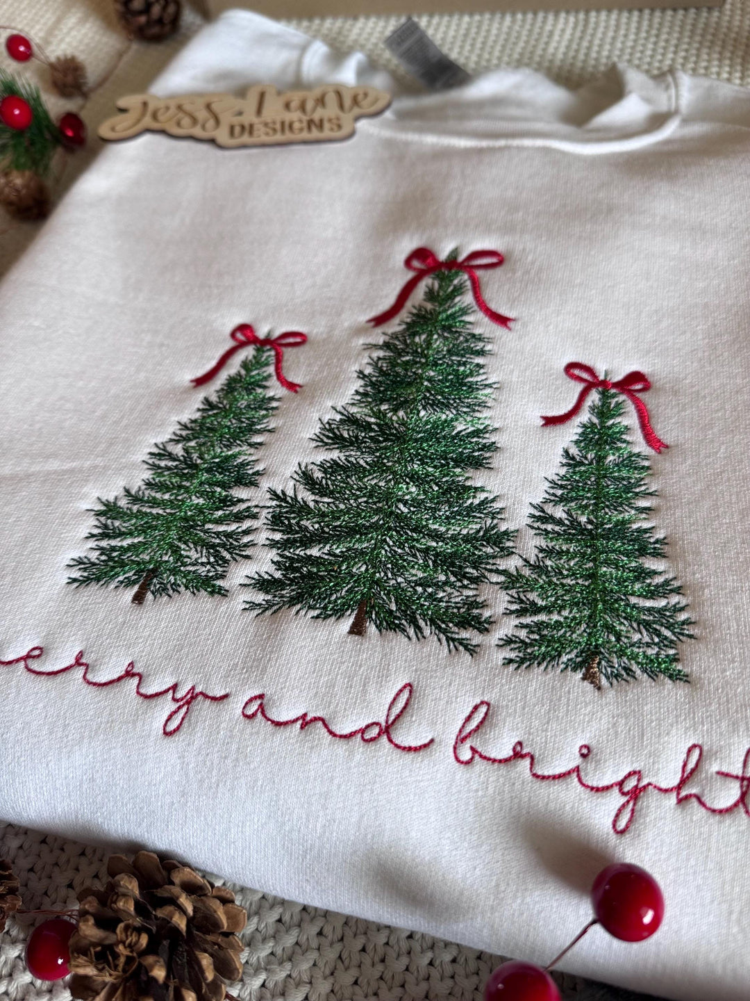 Christmas Trees Embroidered Sweatshirt with Red Bows | Merry & Bright Holiday Crewneck | Cozy Christmas Embroidery Gift for Her