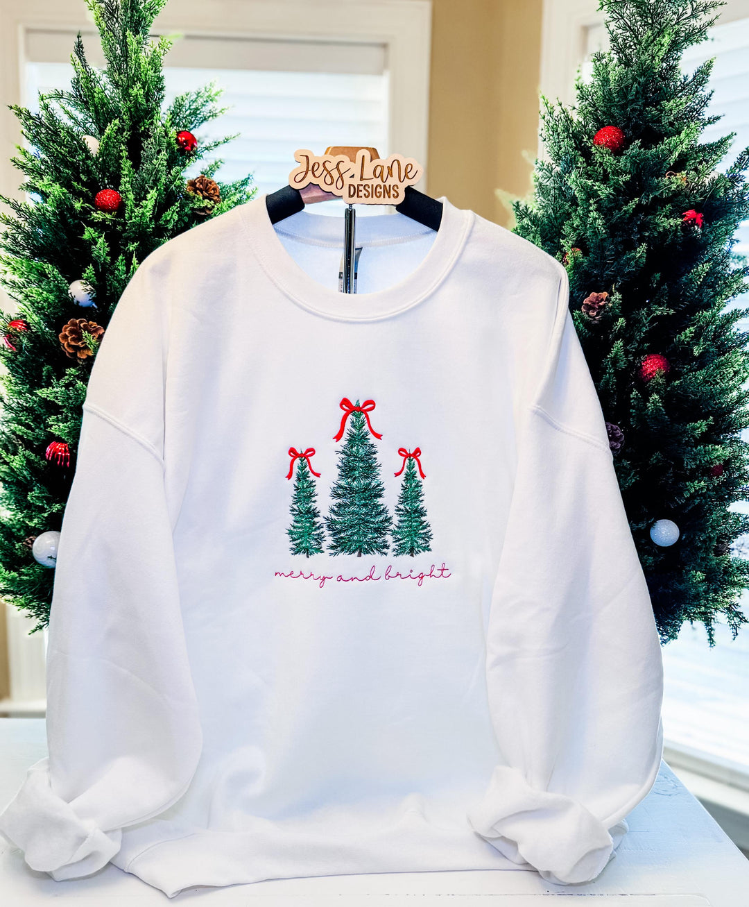 Christmas Trees Embroidered Sweatshirt with Red Bows | Merry & Bright Holiday Crewneck | Cozy Christmas Embroidery Gift for Her
