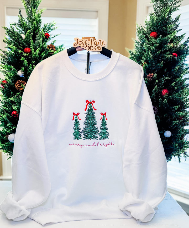 Christmas Trees Embroidered Sweatshirt with Red Bows | Merry & Bright Holiday Crewneck | Cozy Christmas Embroidery Gift for Her