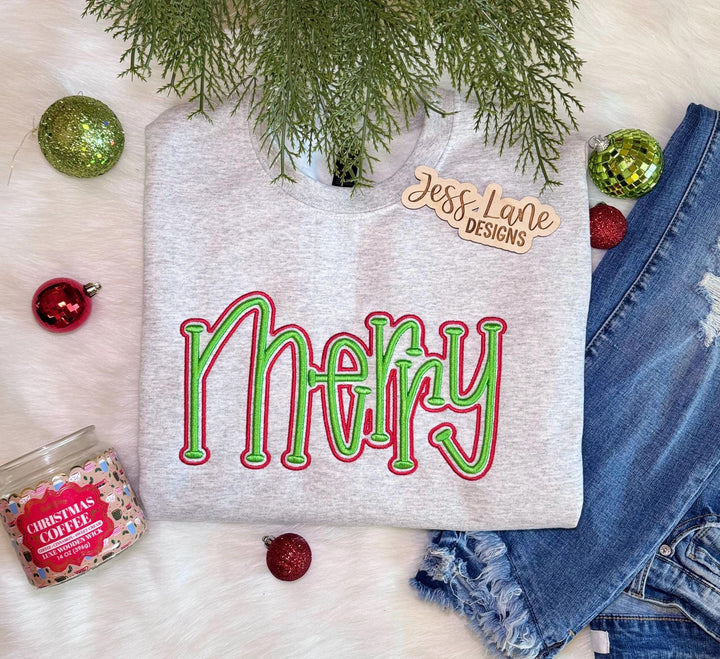 Merry Embroidered Sweatshirt | Puff Christmas Sweatshirt | Holiday Embroidery Pullover | Custom Thread Color | Cozy Christmas Gift