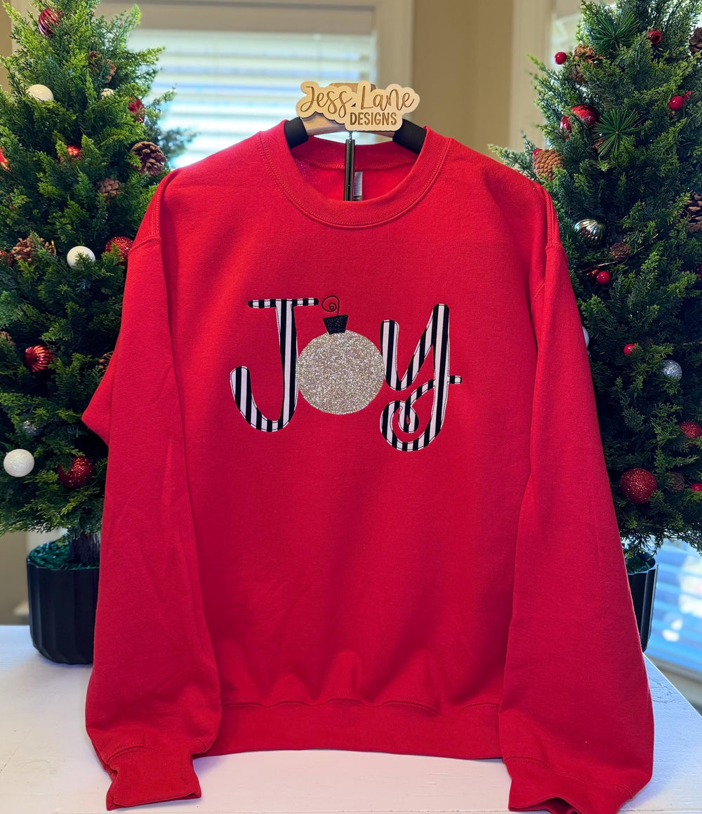 JOY Christmas Embroidered Sweatshirt | Red Holiday Crewneck | Striped Ornament Embroidery | Festive Cozy Christmas Outfit for Moms
