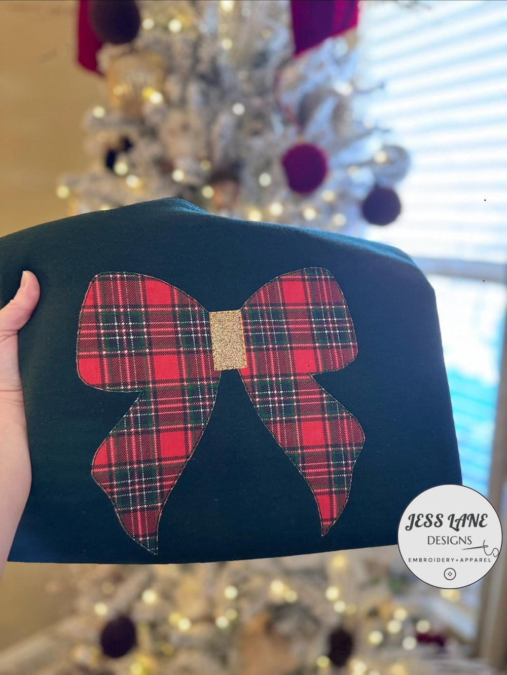 Embroidered Plaid Bow Christmas Sweatshirt 