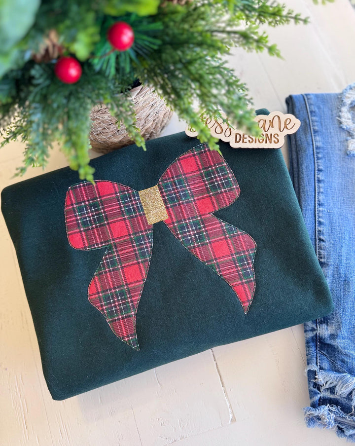 Embroidered Plaid Bow Christmas Sweatshirt | Plaid Christmas Flannel Crewneck | Cozy Christmas Aesthetic Sweatshirt | Gift for Her