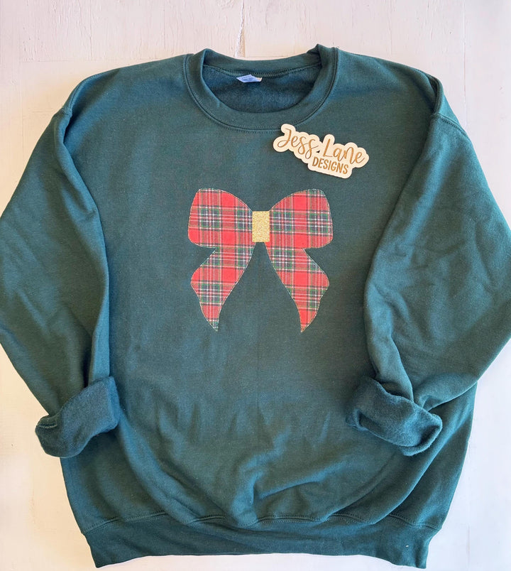 Embroidered Plaid Bow Christmas Sweatshirt | Plaid Christmas Flannel Crewneck | Cozy Christmas Aesthetic Sweatshirt | Gift for Her