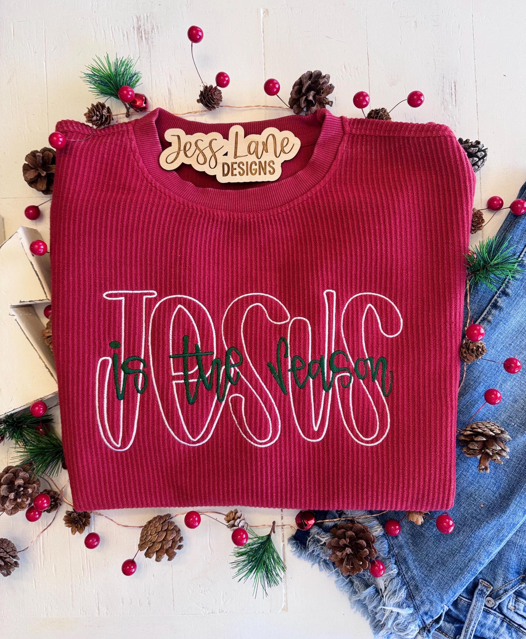 Embroidered Jesus Is The Reason Corded Crewneck | Christian Christmas Sweatshirt | Faith Long Sleeve Shirt | Religious Holiday Gift