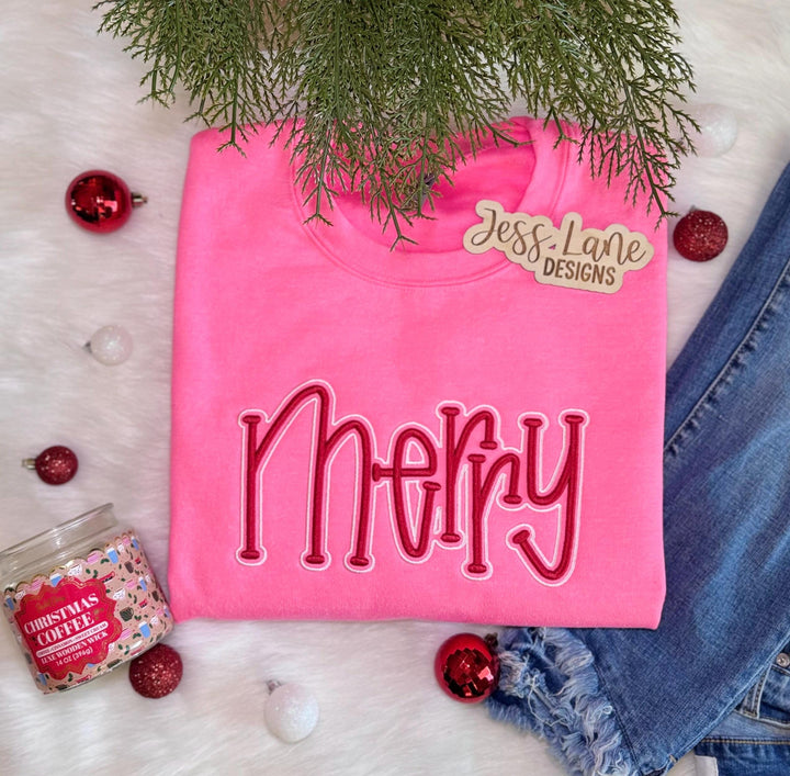 Merry Embroidered Sweatshirt | Puff Christmas Sweatshirt | Holiday Embroidery Pullover | Custom Thread Color | Cozy Christmas Gift