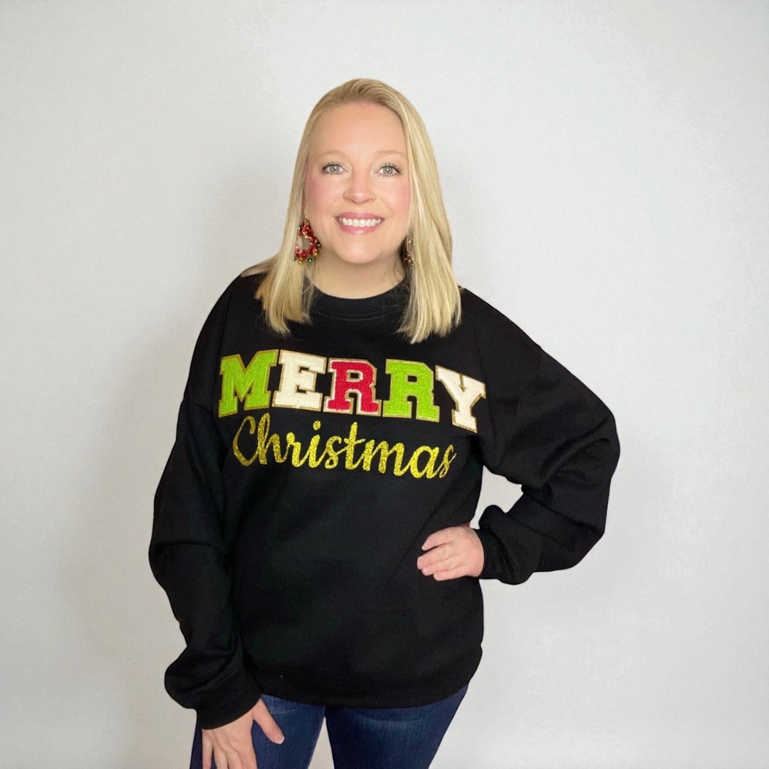 Merry Christmas Chenille Patch Sweatshirt | Black Holiday Crewneck | Green White Red Varsity Letters | Cozy Christmas Gift for Her