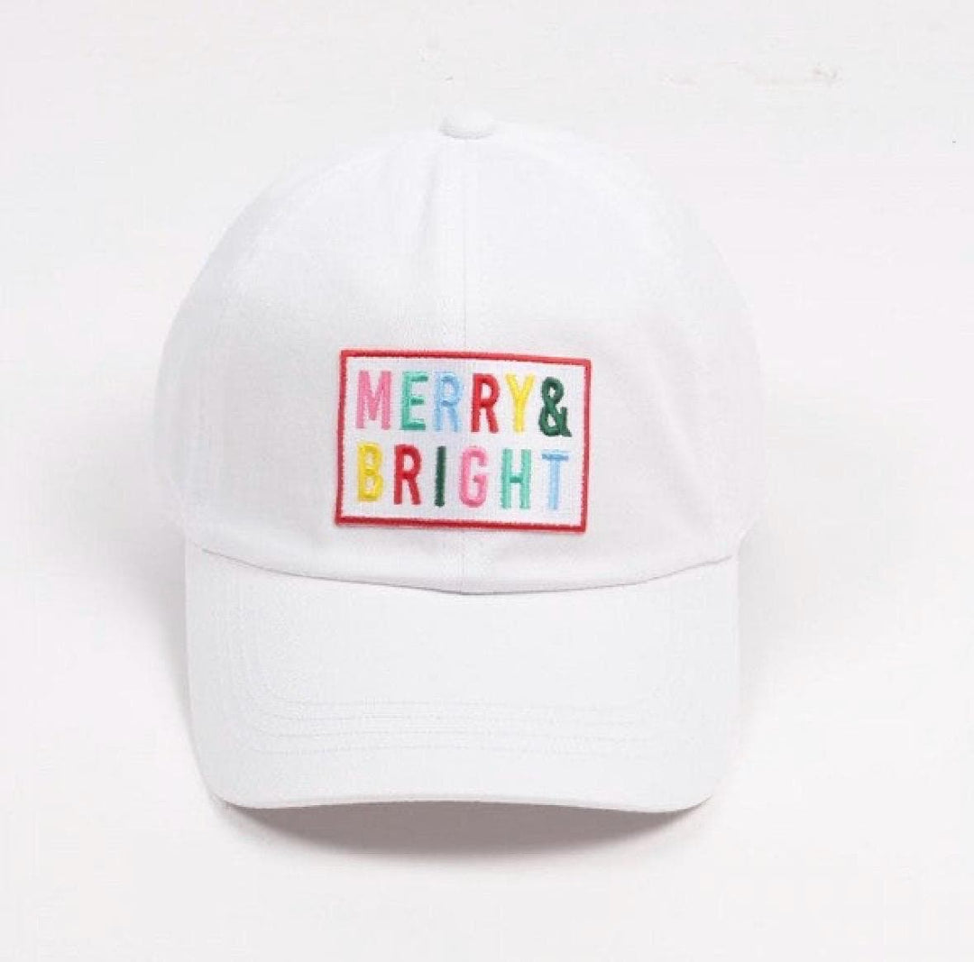 Merry & Bright Christmas Baseball Cap – Festive Holiday Hat – Embroidered Patch Cotton Cap – White Adjustable Hat for Women