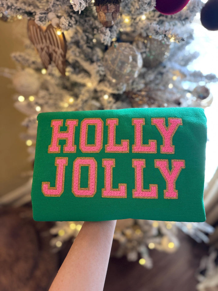 Holly Jolly Pink and Gold Embroidered Christmas Sweatshirt 