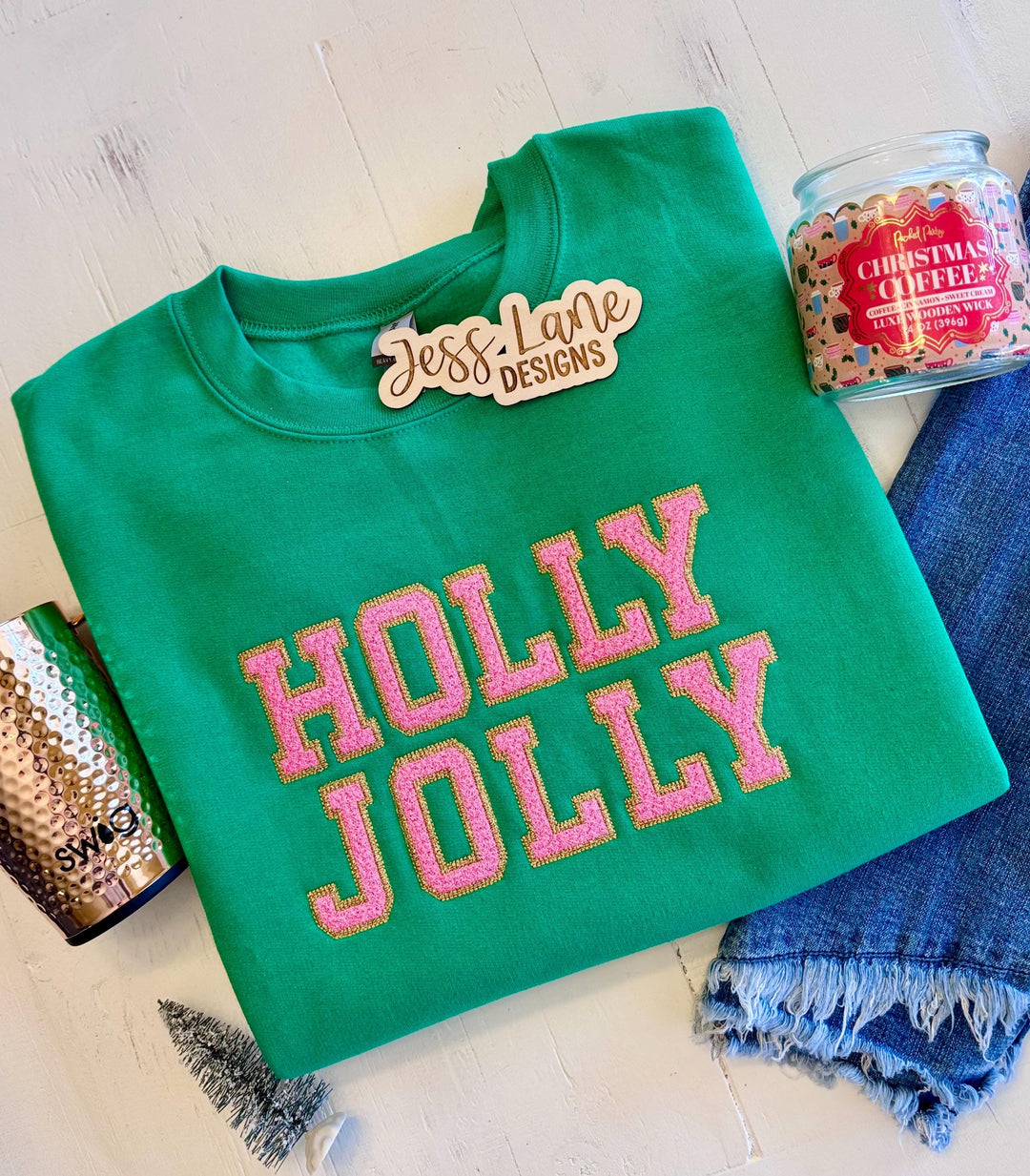 Holly Jolly Pink and Gold Embroidered Christmas Sweatshirt 