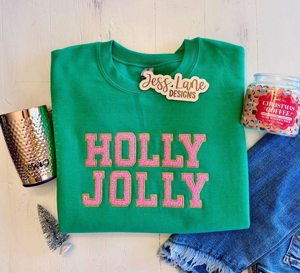 pink and gold Holly jolly Christmas sweatshirt. chenille sweatshirt. Kelly green sweatshirt