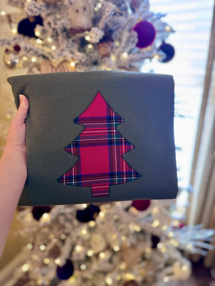 Embroidered Plaid Christmas Tree Sweatshirt or T-Shirt | Military Green Holiday Crewneck | Flannel Christmas Top | Classic Cozy Gift for Her