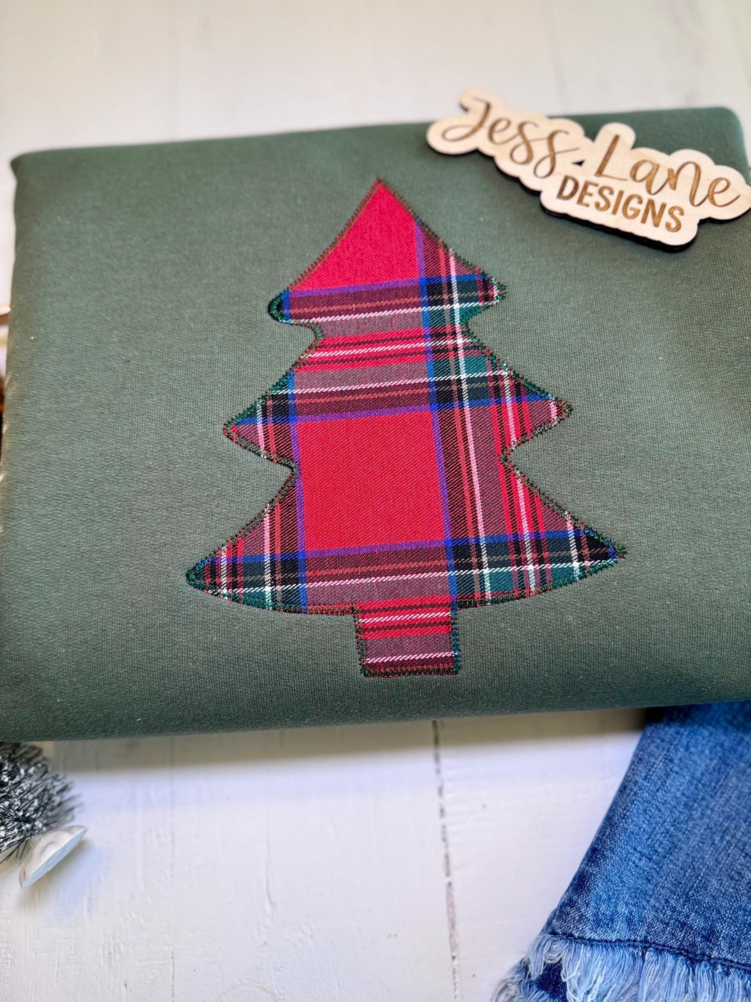 Embroidered Plaid Christmas Tree Sweatshirt or T-Shirt 