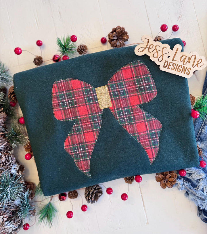 Embroidered Plaid Bow Christmas Sweatshirt | Plaid Christmas Flannel Crewneck | Cozy Christmas Aesthetic Sweatshirt | Gift for Her