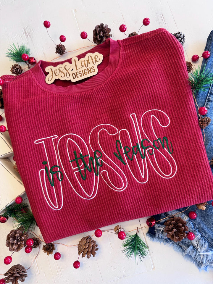 Embroidered Jesus Is The Reason Corded Crewneck | Christian Christmas Sweatshirt | Faith Long Sleeve Shirt | Religious Holiday Gift