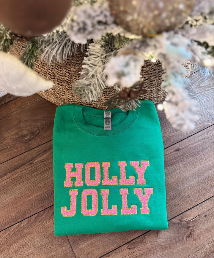Holly Jolly Pink and Gold Embroidered Christmas Sweatshirt 