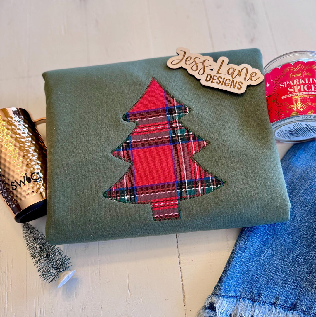Embroidered Plaid Christmas Tree Sweatshirt or T-Shirt | Military Green Holiday Crewneck | Flannel Christmas Top | Classic Cozy Gift for Her