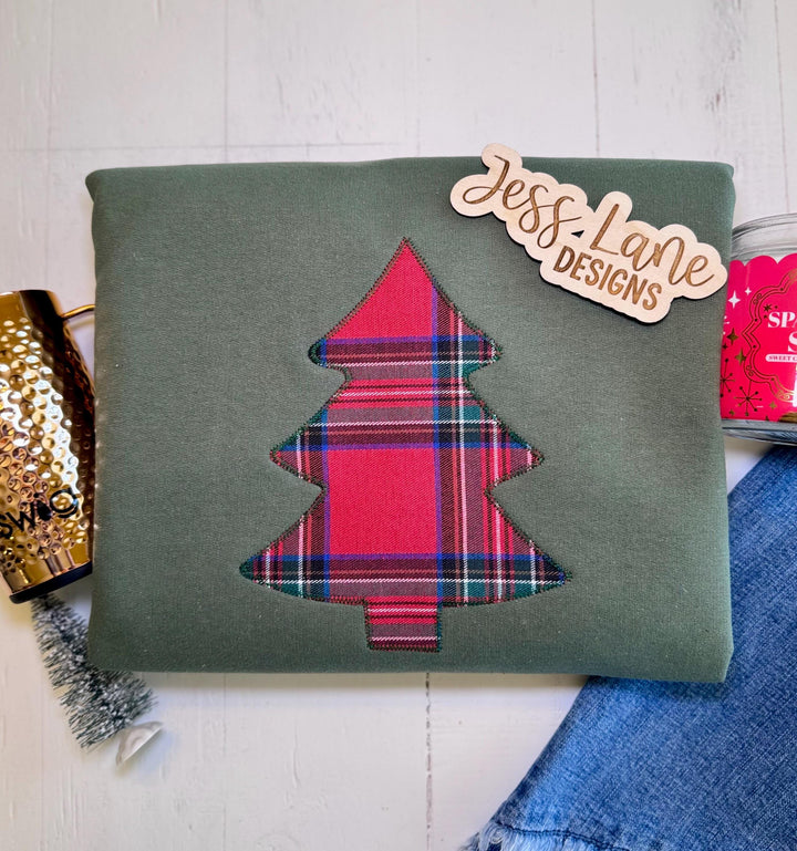 Embroidered Plaid Christmas Tree Sweatshirt or T-Shirt 