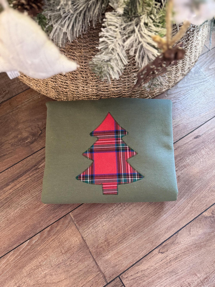 Embroidered Plaid Christmas Tree Sweatshirt or T-Shirt