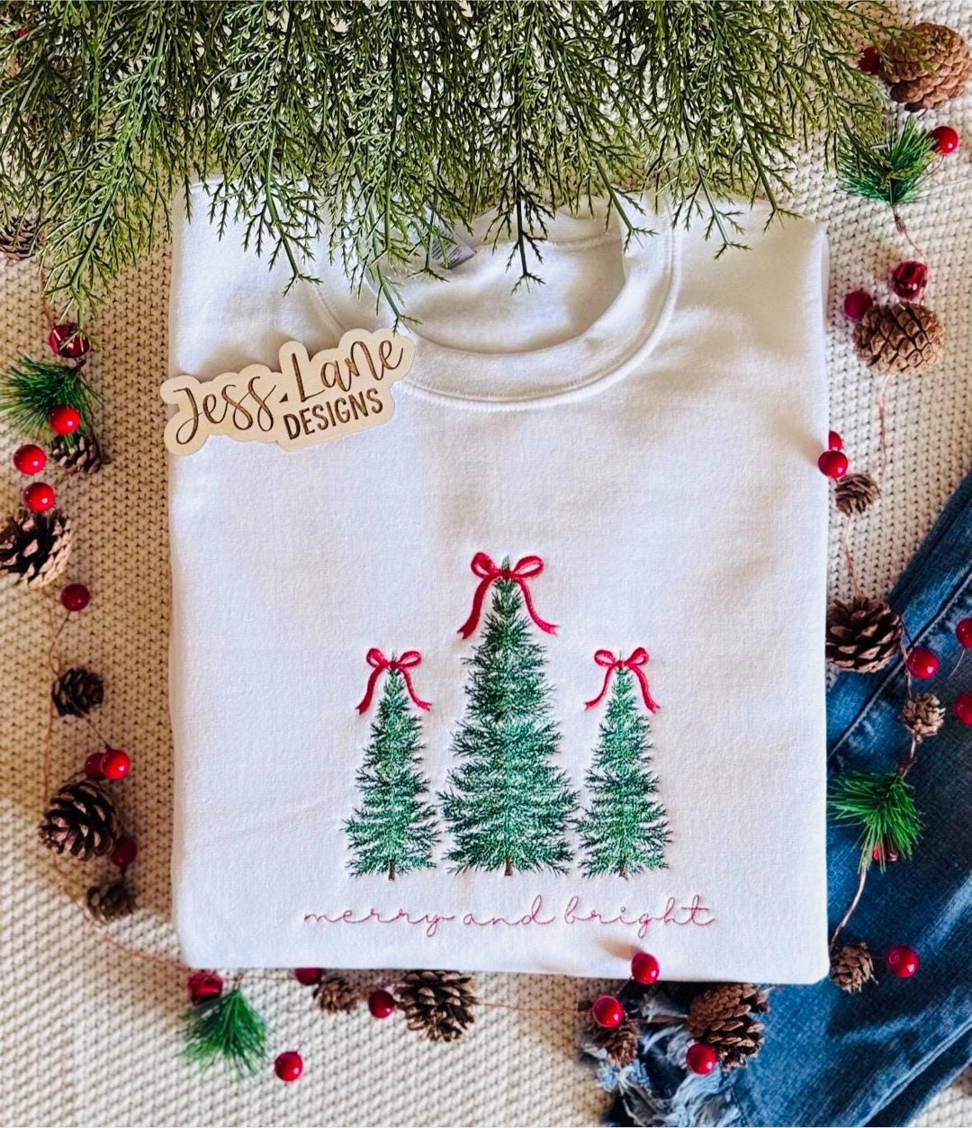 Christmas Trees Embroidered Sweatshirt with Red Bows 