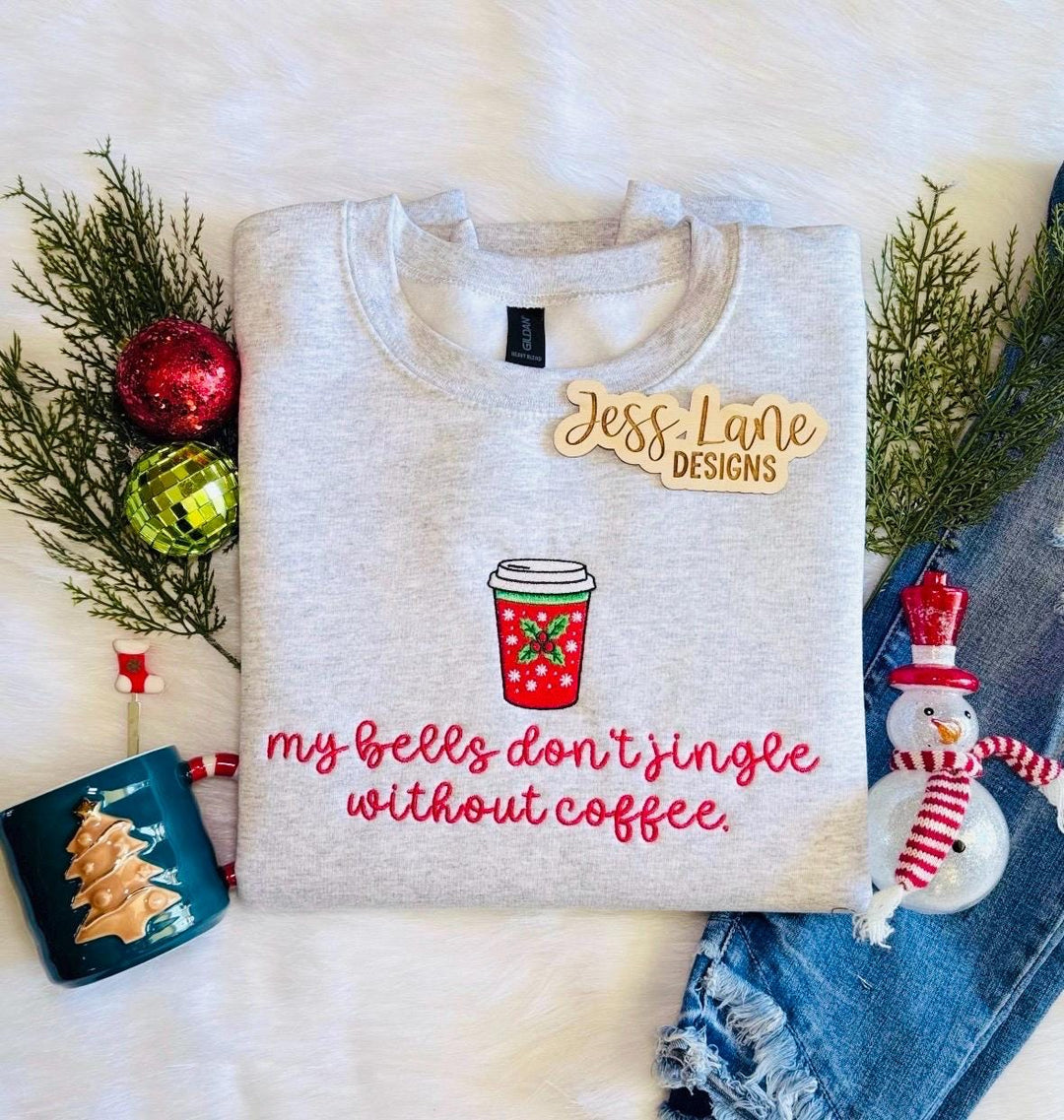 my bells don’t jingle without coffee embroidered shirt. Christmas embroidery. Christmas coffee.