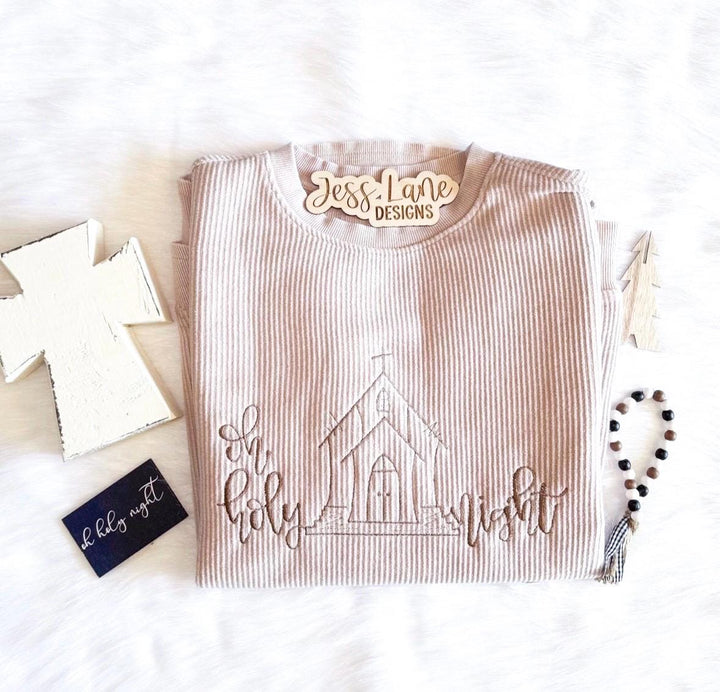 Oh Holy Night Embroidered Sweatshirt or T-Shirt | Neutral Christmas Corded Crewneck | Faith Based Holiday Shirt | Christian Gift for Women