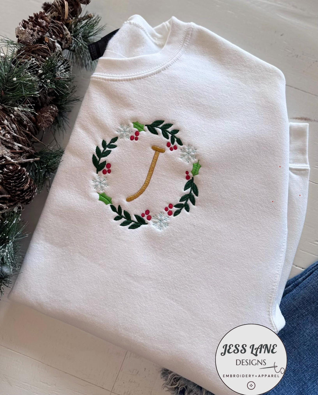 Christmas Monogram Sweatshirt | Personalized Initial Crewneck | Snowflake & Holly Embroidery | Custom Holiday Gift | Cozy Christmas Sweater