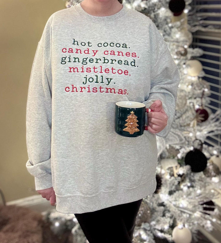 Hot Cocoa & Gingerbread Christmas Sweatshirt | Embroidered Holiday Word List Crewneck | Cozy Candy Cane Mistletoe Sweater