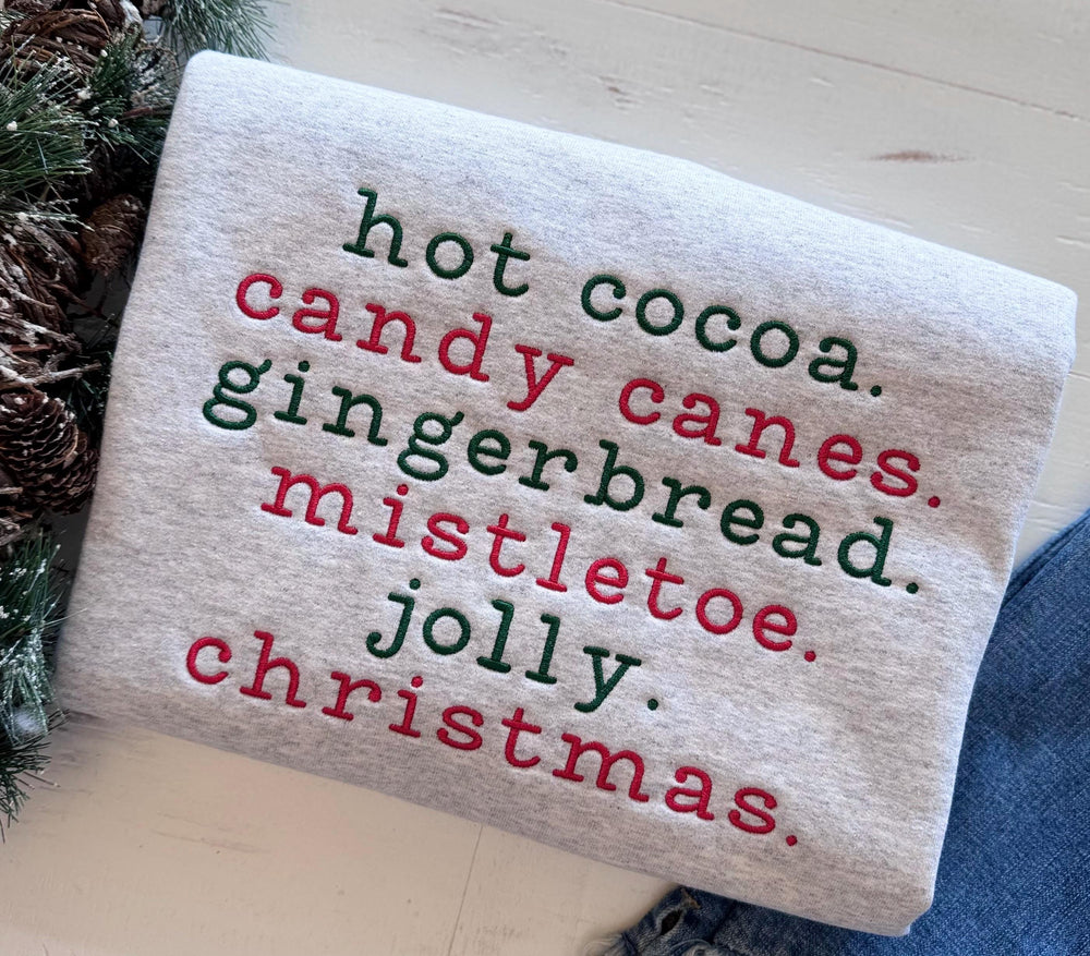 Hot Cocoa & Gingerbread Christmas Sweatshirt | Embroidered Holiday Word List Crewneck | Cozy Candy Cane Mistletoe Sweater