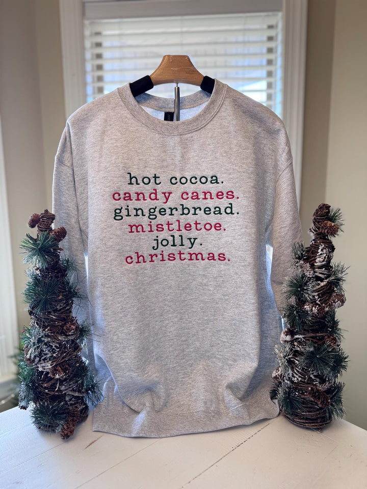 Hot Cocoa & Gingerbread Christmas Sweatshirt | Embroidered Holiday Word List Crewneck | Cozy Candy Cane Mistletoe Sweater