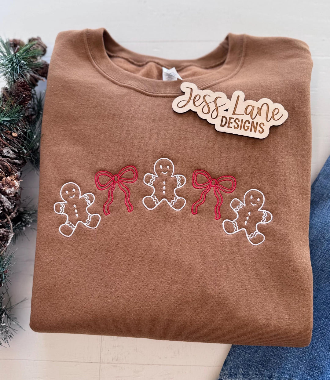 Gingerbread Christmas Sweatshirt, Embroidered Gingerbread Bow Crewneck for Women, Cozy Holiday Shirt, Christmas Gift