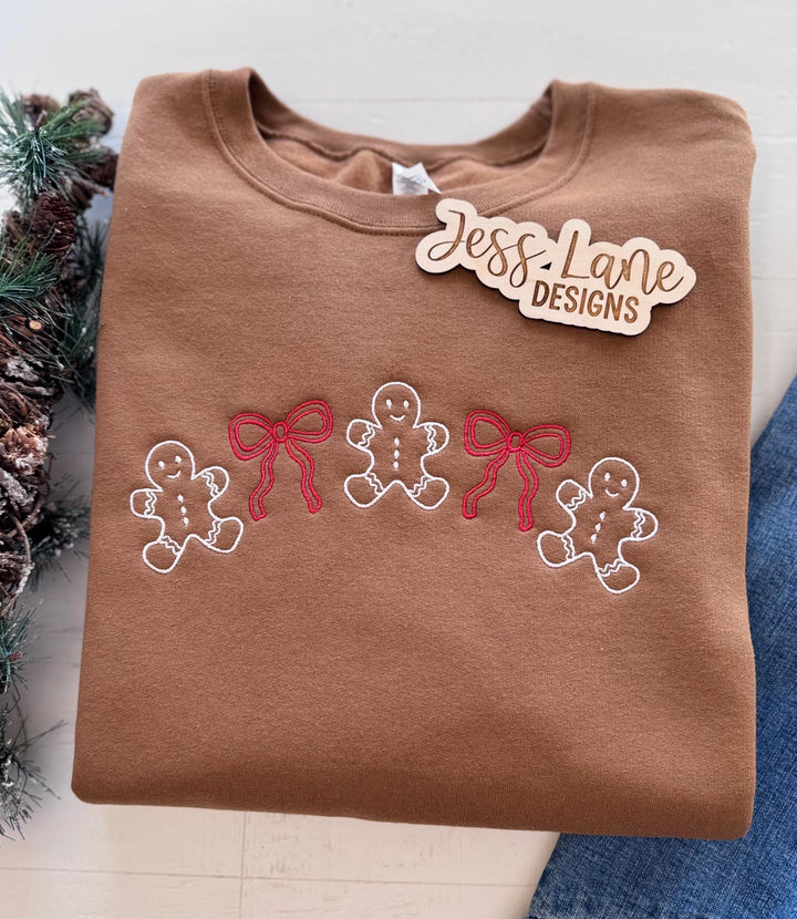 Gingerbread Christmas Sweatshirt, Embroidered Gingerbread Bow Crewneck for Women, Cozy Holiday Shirt, Christmas Gift