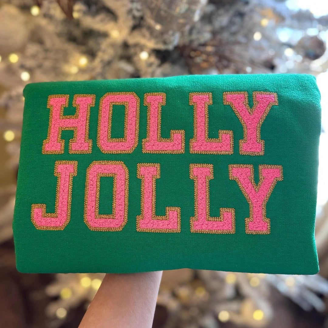 Holly Jolly Pink and Gold Embroidered Christmas Sweatshirt