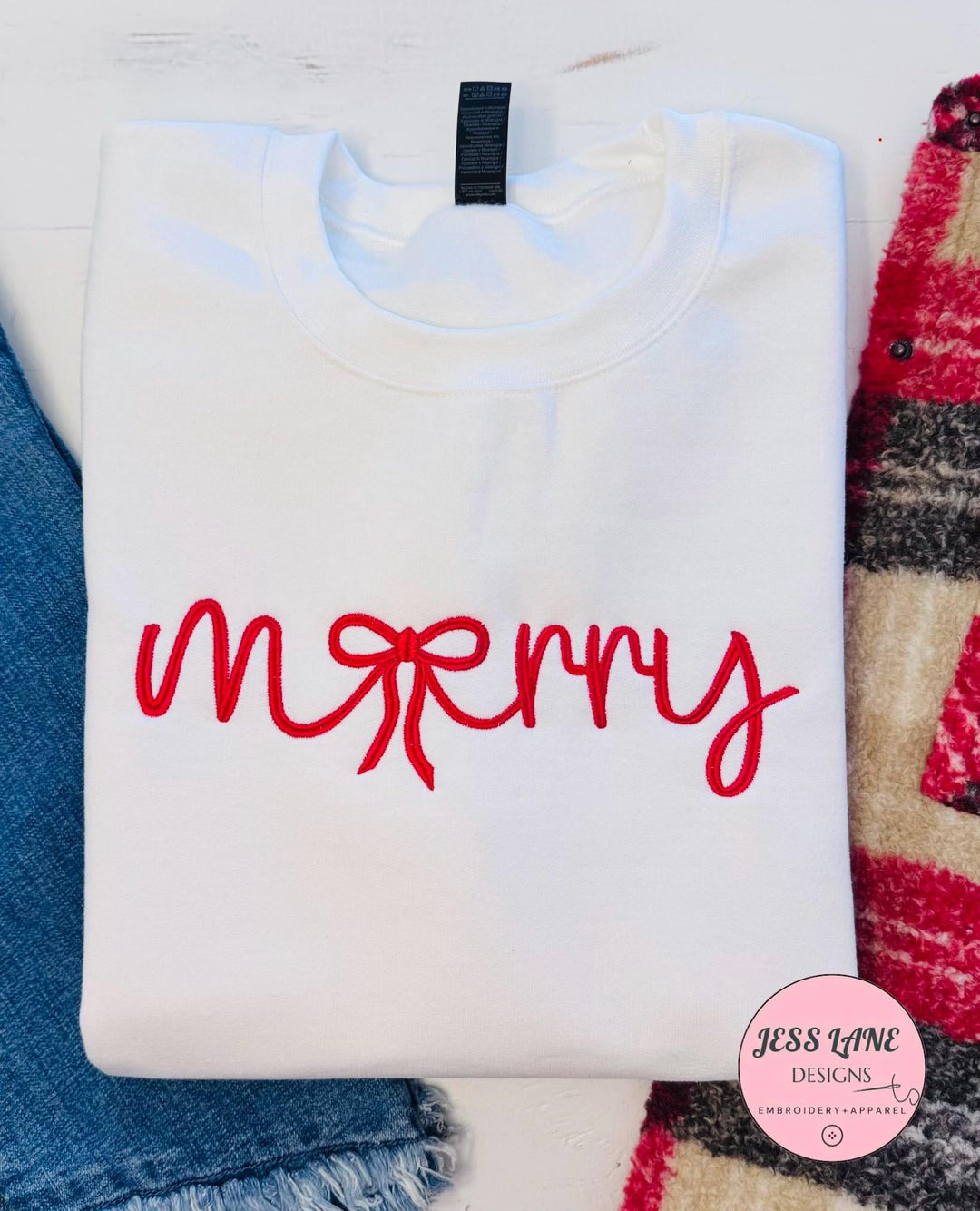 Christmas Bow Sweatshirt, Embroidered Merry Christmas Crewneck for Women, Holiday Party Shirt