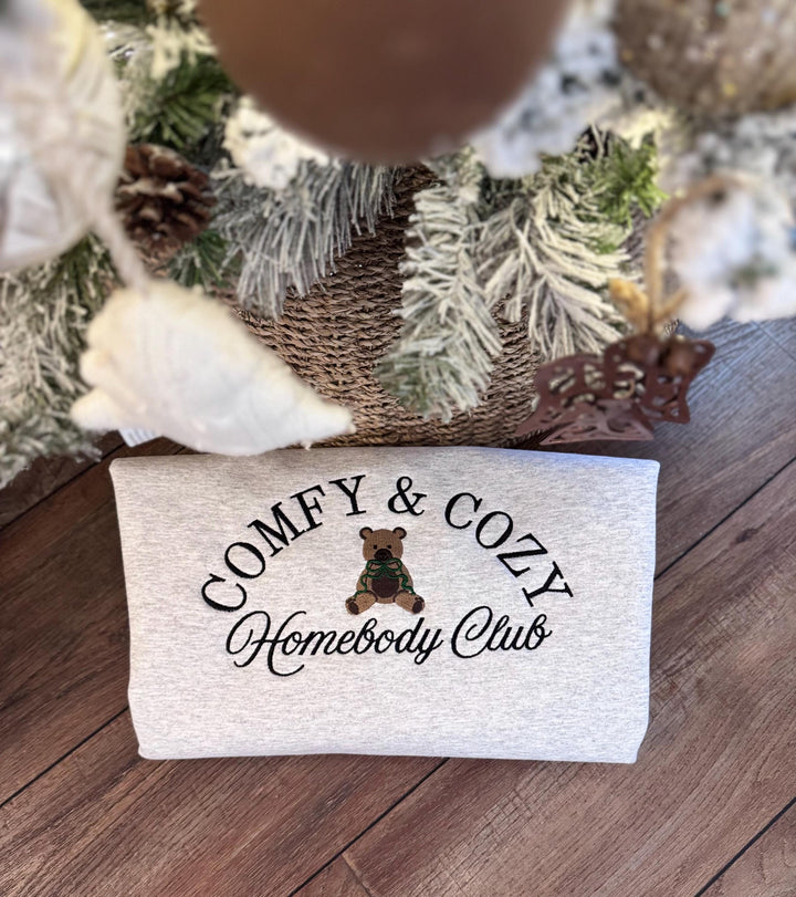Comfy & Cozy Homebody Club Sweatshirt | Embroidered Bear Sweatshirt | Cozy Winter Homebody Gift | Aesthetic Embroidered Crewneck