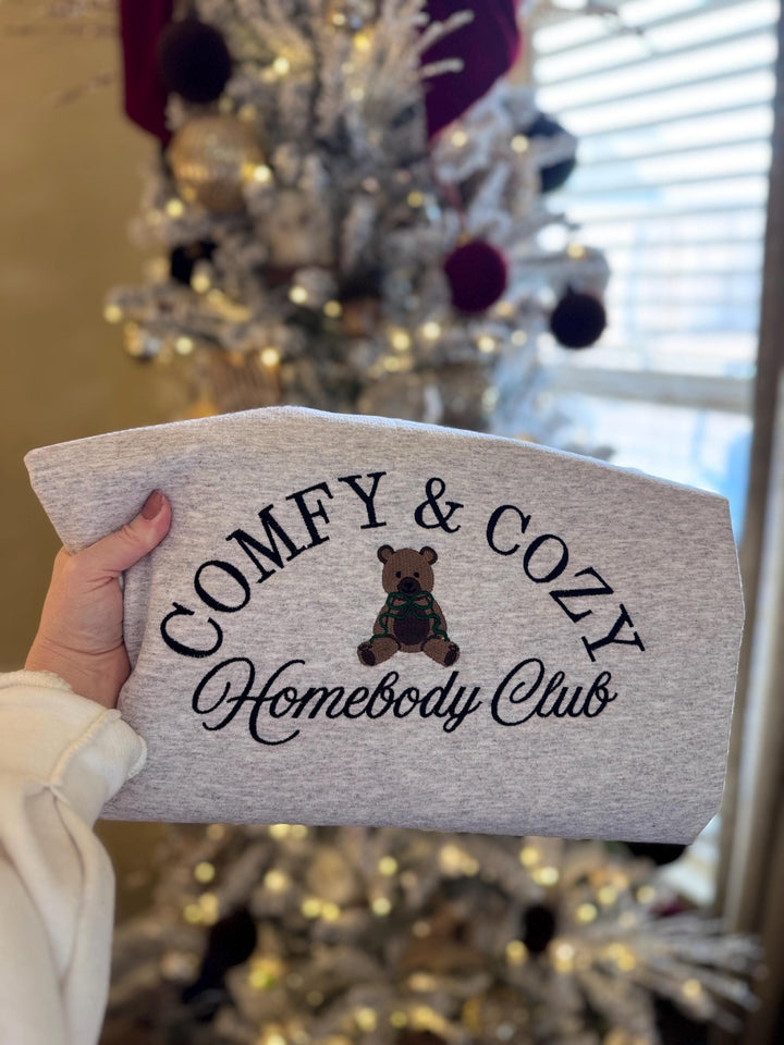 Comfy & Cozy Homebody Club Sweatshirt | Embroidered Bear Sweatshirt | Cozy Winter Homebody Gift | Aesthetic Embroidered Crewneck