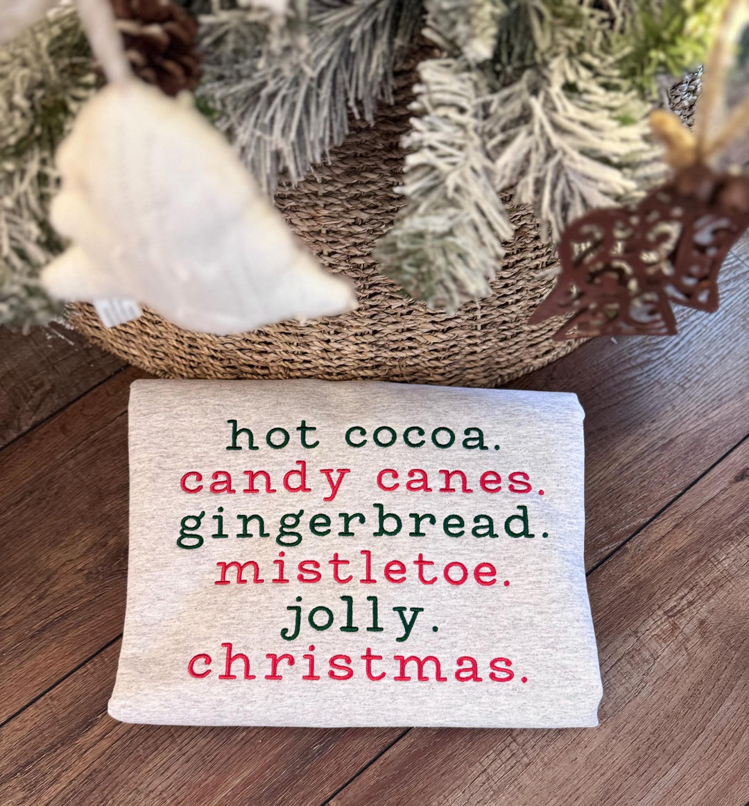 Hot Cocoa & Gingerbread Christmas Sweatshirt | Embroidered Holiday Word List Crewneck | Cozy Candy Cane Mistletoe Sweater
