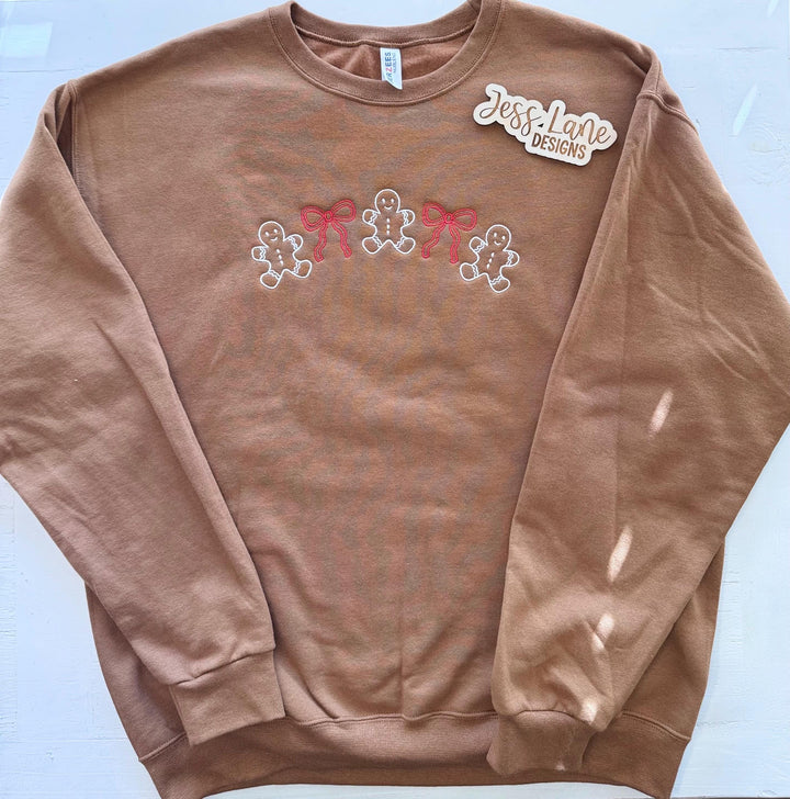 Gingerbread Christmas Sweatshirt, Embroidered Gingerbread Bow Crewneck for Women, Cozy Holiday Shirt, Christmas Gift
