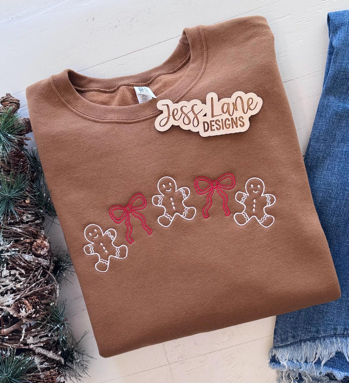 Gingerbread Christmas Sweatshirt, Embroidered Gingerbread Bow Crewneck for Women, Cozy Holiday Shirt, Christmas Gift
