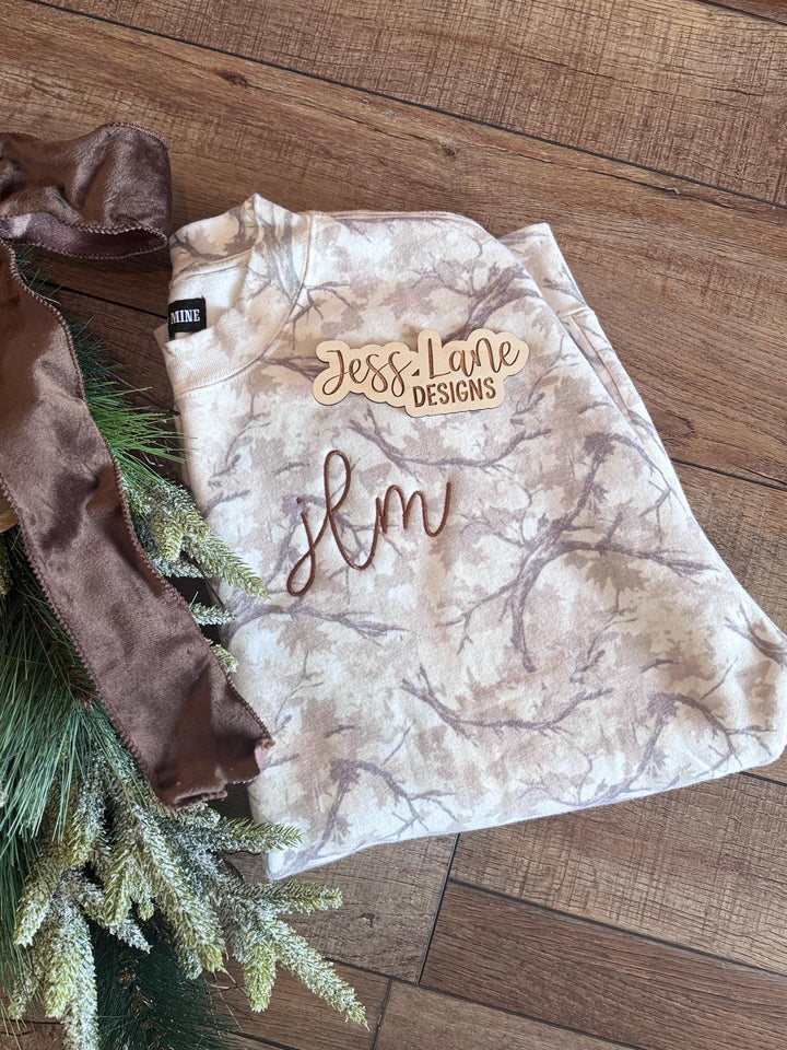 Monogram Camo Sweatshirt for Women, Left Chest Initial, Personalized Cursive Monogram, Oversized Pullover, Gift for Her
