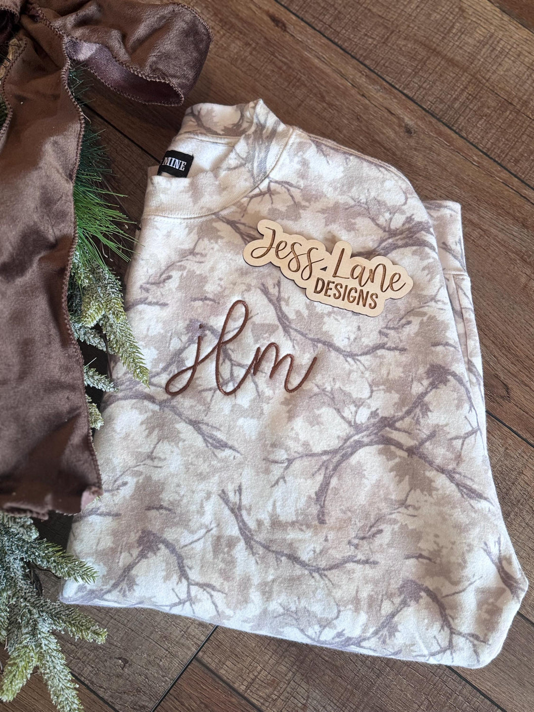 embroidered camo sweatshirt. women’s monogrammed camo.