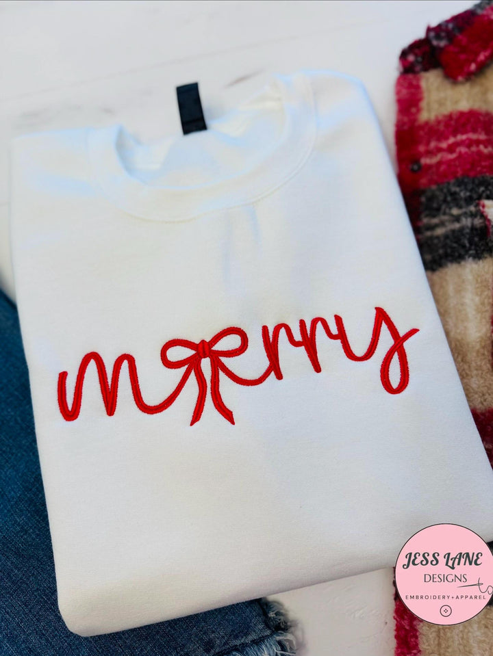 Christmas Bow Sweatshirt, Embroidered Merry Christmas Crewneck for Women, Holiday Party Shirt