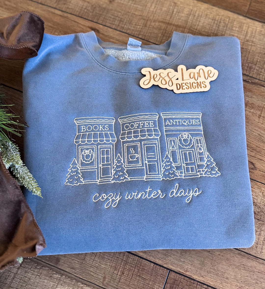 Cozy Winter Days Embroidered Sweatshirt, Winter Village Sweatshirt, Bookstore Coffee Shop Embroidery, Cozy Winter Pullover for Women