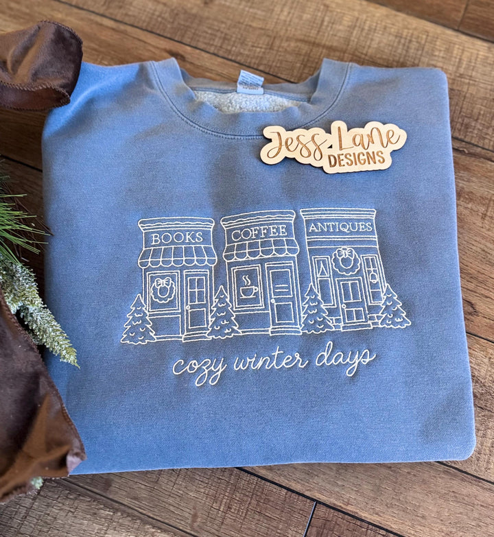 Cozy Winter Days Embroidered Sweatshirt, Winter Village Sweatshirt, Bookstore Coffee Shop Embroidery, Cozy Winter Pullover for Women