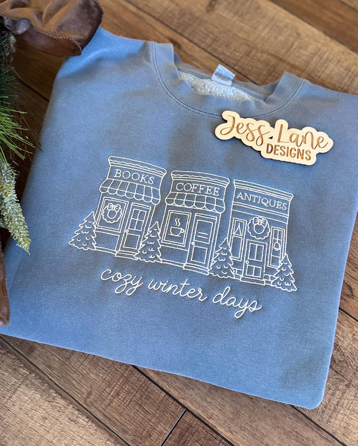 Cozy Winter Days Embroidered Sweatshirt, Winter Village Sweatshirt, Bookstore Coffee Shop Embroidery, Cozy Winter Pullover for Women